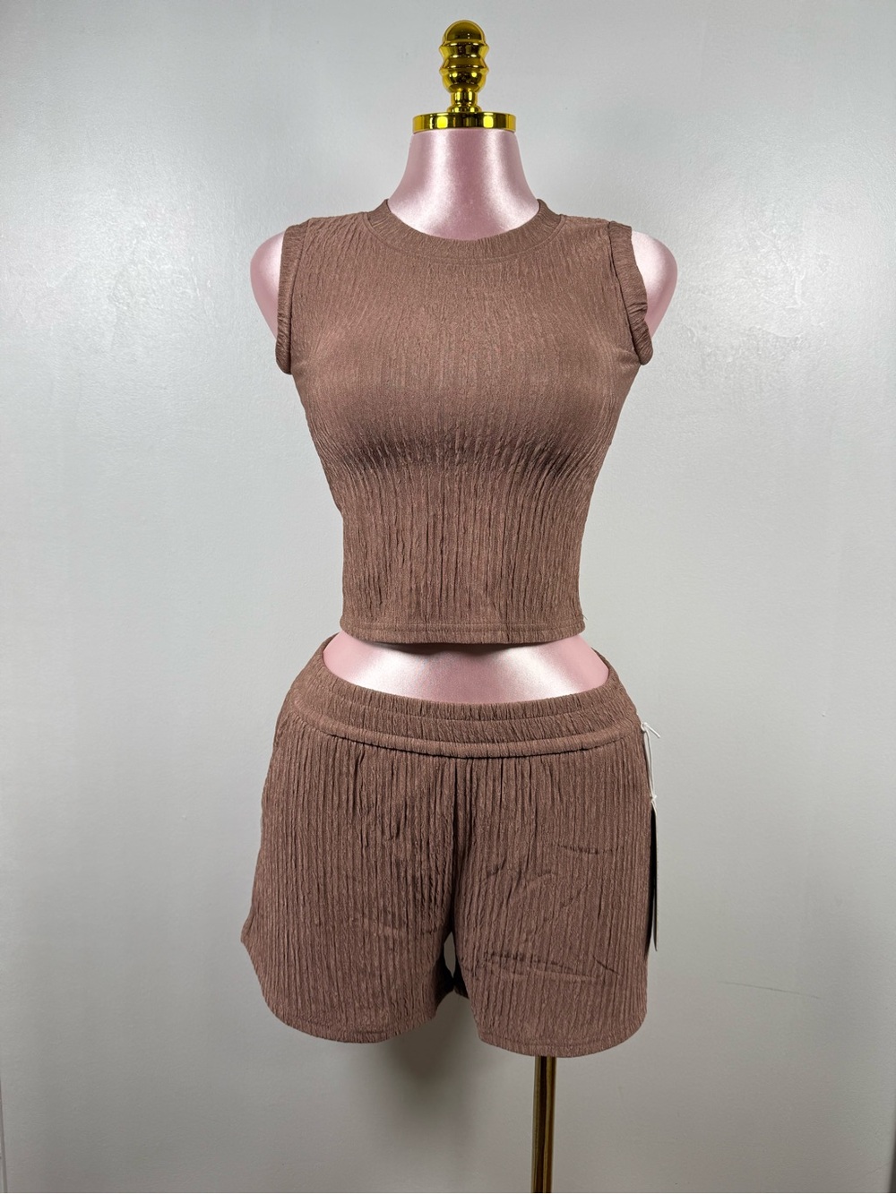 New Mix 2-Piece CropTop & Shorts Set Mocha NWT Size Small - Picture 2 of 8
